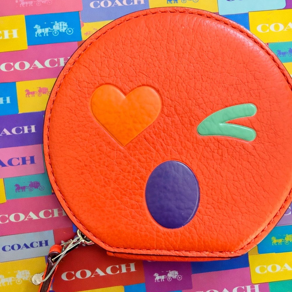 Coach Red Leather Emoji Face Coin Purse Zip‎ Pouch Key Ring NWOT